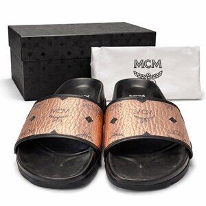 MCM Visetos Slide Sandals Rose Gold Black Size EU 37 (6.5-7) W/Box Dust Bag